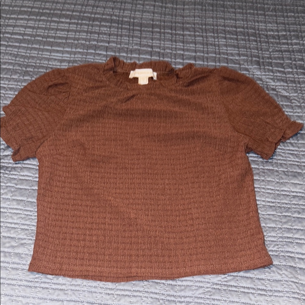 Brown Ruffled Fitted Short Sleeve Blouse